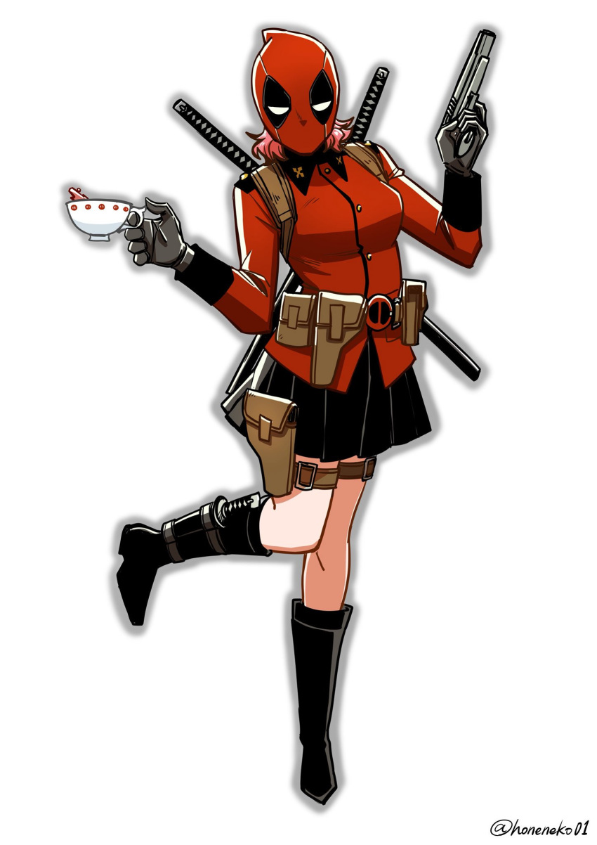 1girl belt black_footwear black_gloves black_skirt boot_knife boots commentary cosplay cup deadpool deadpool_(cosplay) epaulettes full_body girls_und_panzer gloves gun handgun highres holding holding_cup holding_gun holding_weapon hone_(honehone083) jacket katana knife leg_up long_sleeves looking_at_viewer marvel mask medium_hair military military_uniform miniskirt pleated_skirt pouch red_hair red_jacket rosehip simple_background skirt solo st._gloriana's_military_uniform standing standing_on_one_leg sword sword_behind_back tea teacup thigh_pouch thigh_strap uniform utility_belt weapon white_background