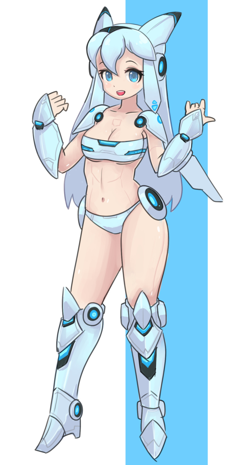 1girl :d android arm_guards armor bangs bikini blue_eyes blush_stickers breasts collarbone commentary_request full_body highres kneehighs long_hair looking_at_viewer medium_breasts navel okera original shoulder_armor silver_hair simple_background smile solo standing swimsuit