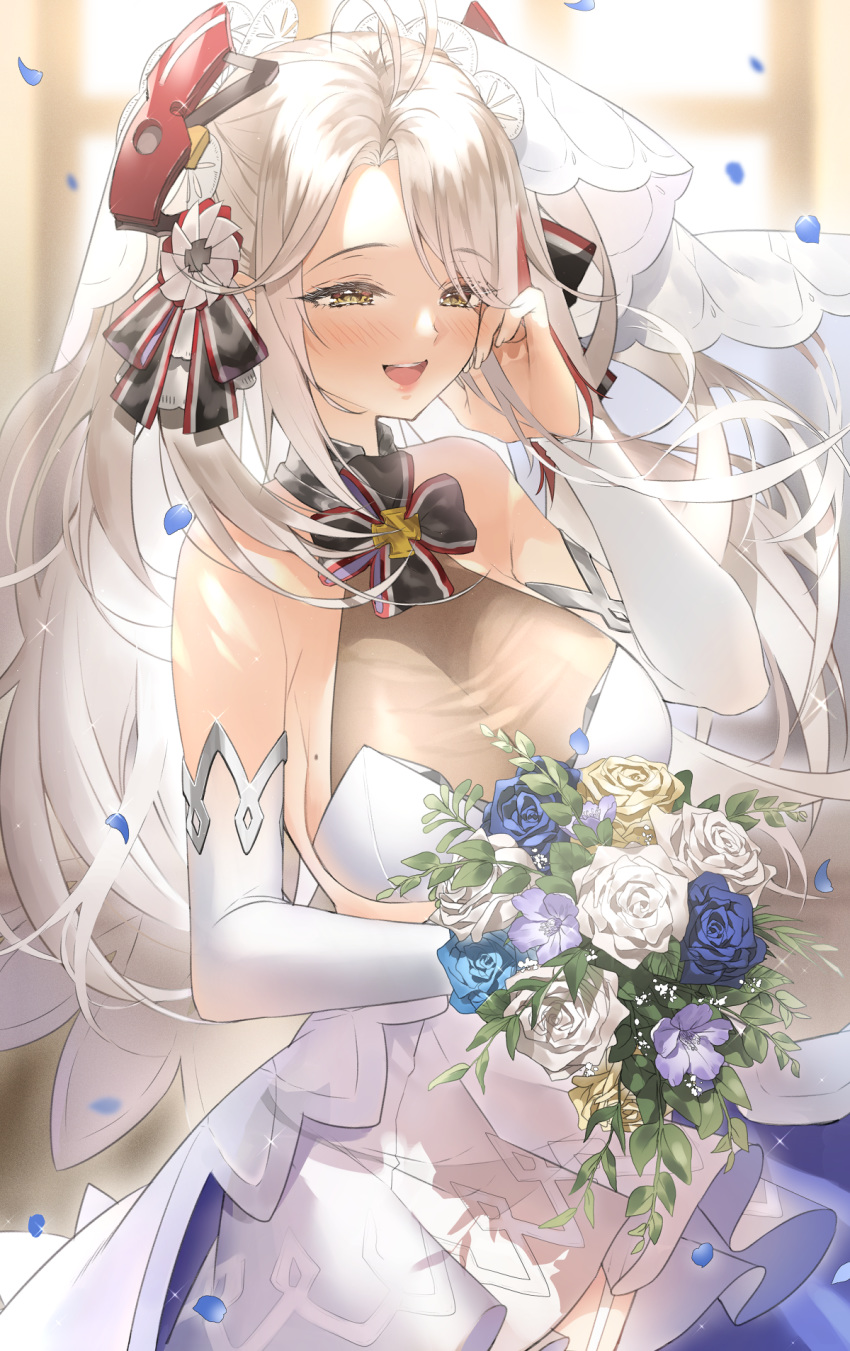 1girl antenna_hair azur_lane bangs bare_shoulders blue_flower blue_rose blush bouquet breasts bridal_gauntlets bridal_veil brown_eyes cleavage dress elbow_gloves eyebrows_visible_through_hair eyelashes floating_hair flower garter_straps gloves half-closed_eyes hand_in_hair headgear highres holding holding_bouquet large_breasts long_hair looking_at_viewer mole mole_on_breast multicolored_hair open_mouth petals prinz_eugen_(azur_lane) prinz_eugen_(symphonic_fate)_(azur_lane) ran_s200 rose see-through silver_hair simple_background smile streaked_hair swept_bangs two_side_up veil very_long_hair wedding_dress white_background white_dress white_flower white_rose