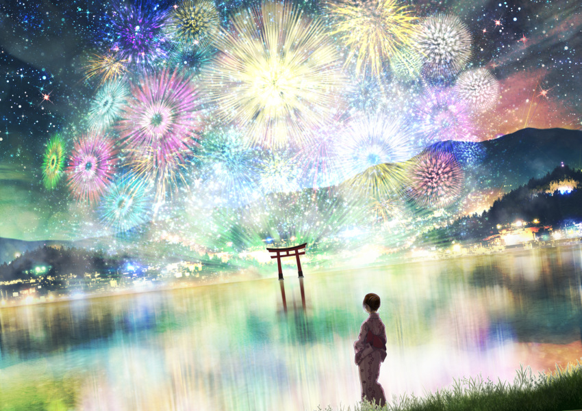 fireworks japanese_clothes kupe night original scenic summer torii yukata