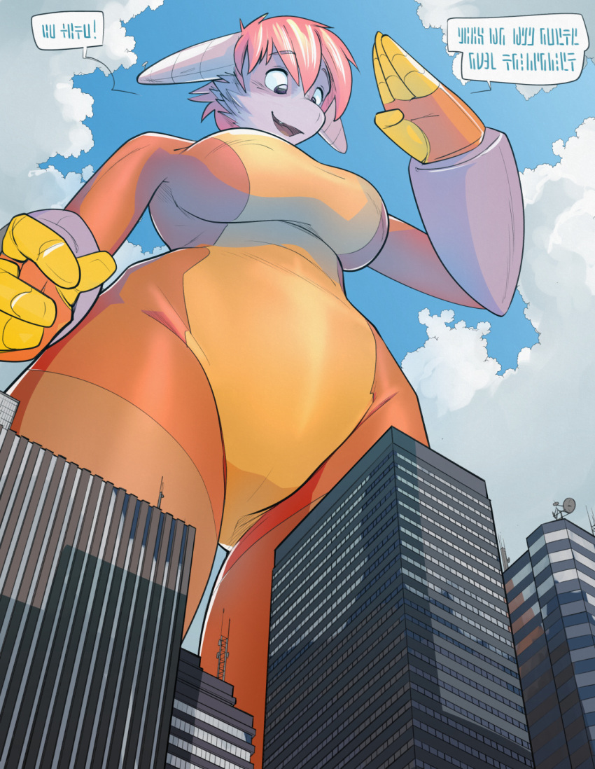 2014 4_fingers alien alien_text anthro armband big_breasts bodysuit breasts city clothed clothing colored dialogue ducky_(artist) female fingers hair hi_res looking_down low-angle_view macro mammal open_mouth open_smile orange_clothing outside satellite_dish short_hair skinsuit skyscraper smile solo speech_bubble standing text tight_clothing worm's-eye_view
