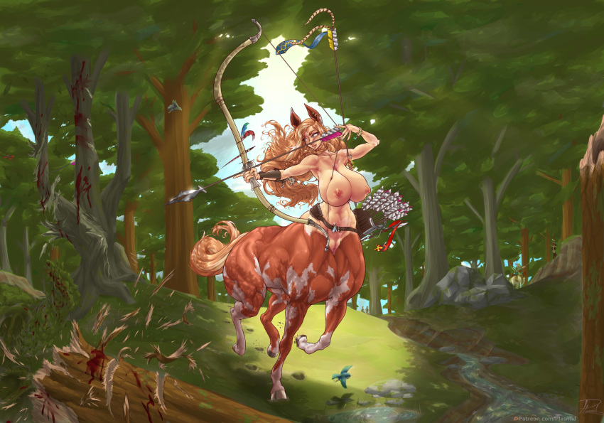 areola arrow big_breasts blood bodily_fluids bow bow_(weapon) breasts centaur ear_piercing equid equid_taur eyelashes female forest hair hi_res hooves mammal mammal_taur nipples nude outside piercing plasmidhentai pussy quiver ranged_weapon solo taur tree weapon