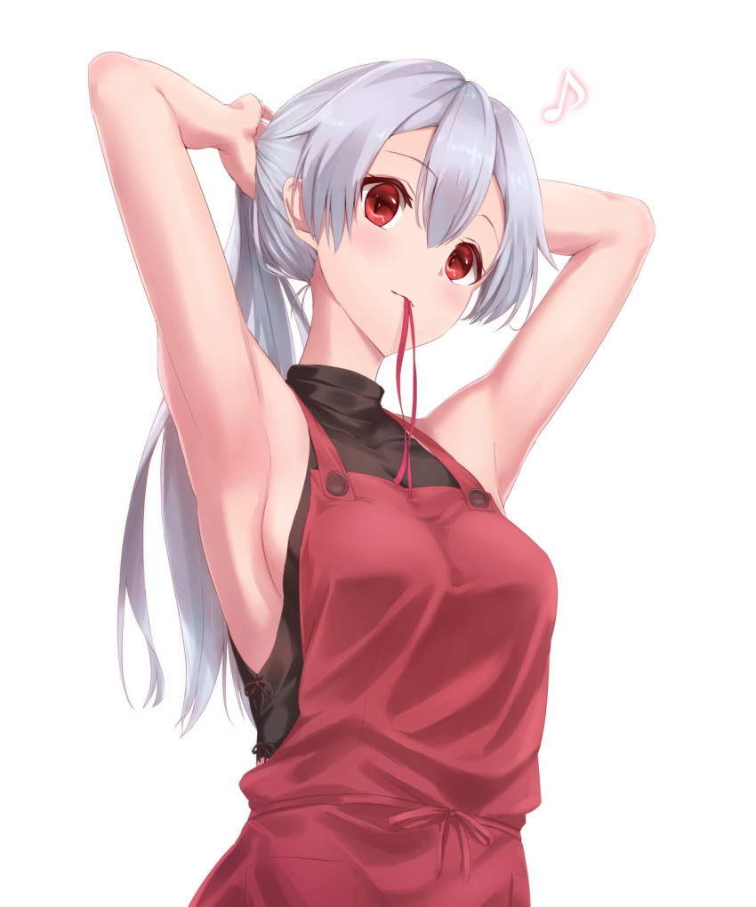 1girl alternate_costume apron armpits arms_up bangs black_shirt breasts closed_mouth commentary_request eighth_note fate/grand_order fate_(series) highres long_hair looking_at_viewer medium_breasts mouth_hold musical_note red_apron red_eyes sakaokasan shirt sideboob silver_hair simple_background sleeveless sleeveless_shirt smile solo tomoe_gozen_(fate/grand_order) tying_hair upper_body white_background