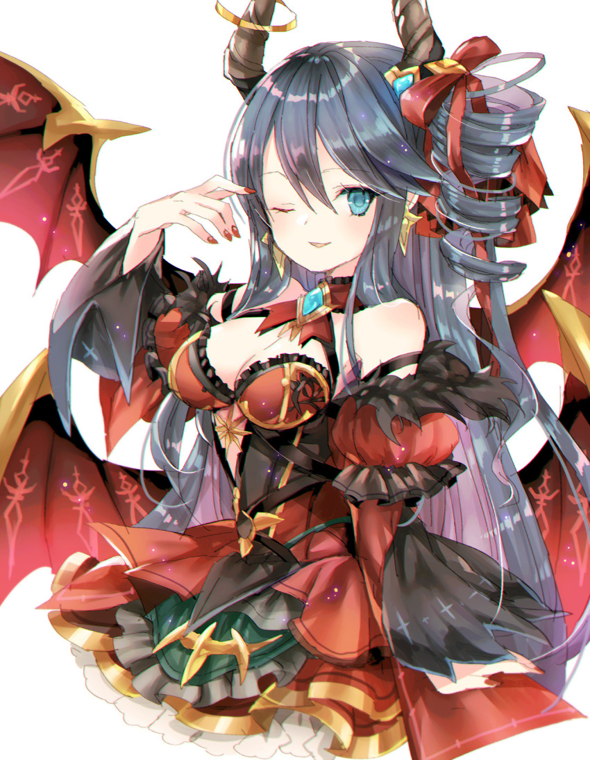 1girl bangs bare_shoulders blue_eyes bow breasts character_request cleavage commentary_request cryptract curled_horns demon_girl demon_horns demon_wings detached_sleeves dress drill_hair earrings eyebrows_visible_through_hair fingernails grey_hair hair_between_eyes hair_bow hand_up highres horns jewelry kikka_(kicca_choco) long_hair long_sleeves looking_at_viewer medium_breasts multicolored_hair multiple_wings nail_polish one_eye_closed parted_lips pink_hair puffy_short_sleeves puffy_sleeves red_bow red_dress red_nails red_sleeves red_wings short_over_long_sleeves short_sleeves simple_background single_drill smile solo two-tone_hair very_long_hair white_background wide_sleeves wings