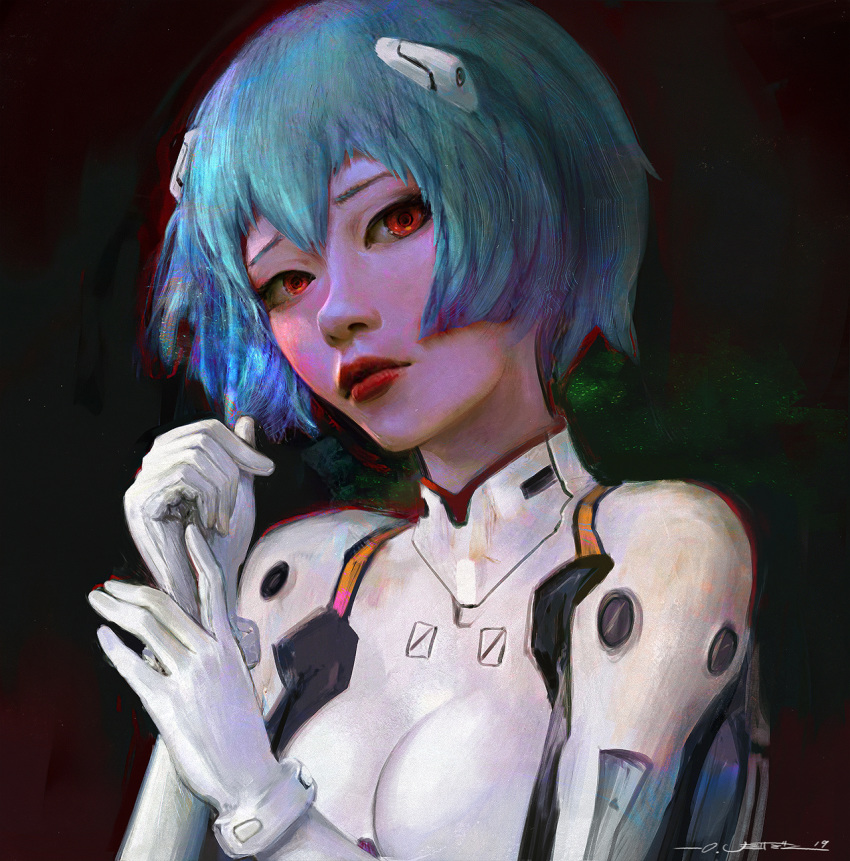 1girl ayanami_rei blue_hair breasts dark_background gloves highres lipstick looking_at_viewer makeup neon_genesis_evangelion oliver_wetter painting plugsuit red_eyes red_lipstick white_gloves