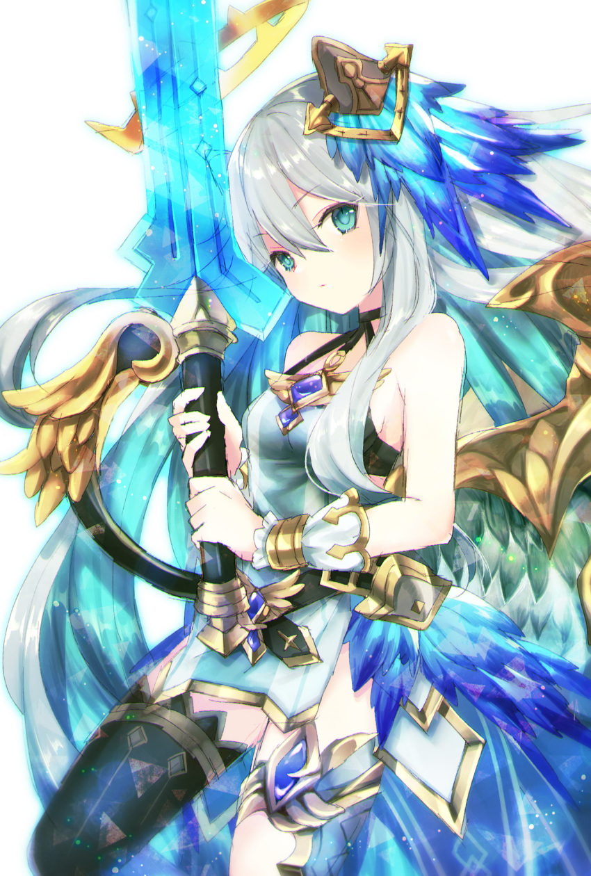 1girl bangs bare_shoulders black_legwear blue_eyes blue_hair breasts character_request closed_mouth commentary_request cryptract dress eyebrows_visible_through_hair feathered_wings green_wings grey_hair hair_between_eyes hair_ornament halo highres holding holding_sword holding_weapon kikka_(kicca_choco) long_hair looking_at_viewer medium_breasts multicolored_hair single_thighhigh solo sword thighhighs two-tone_hair very_long_hair weapon white_background white_dress wings wrist_cuffs