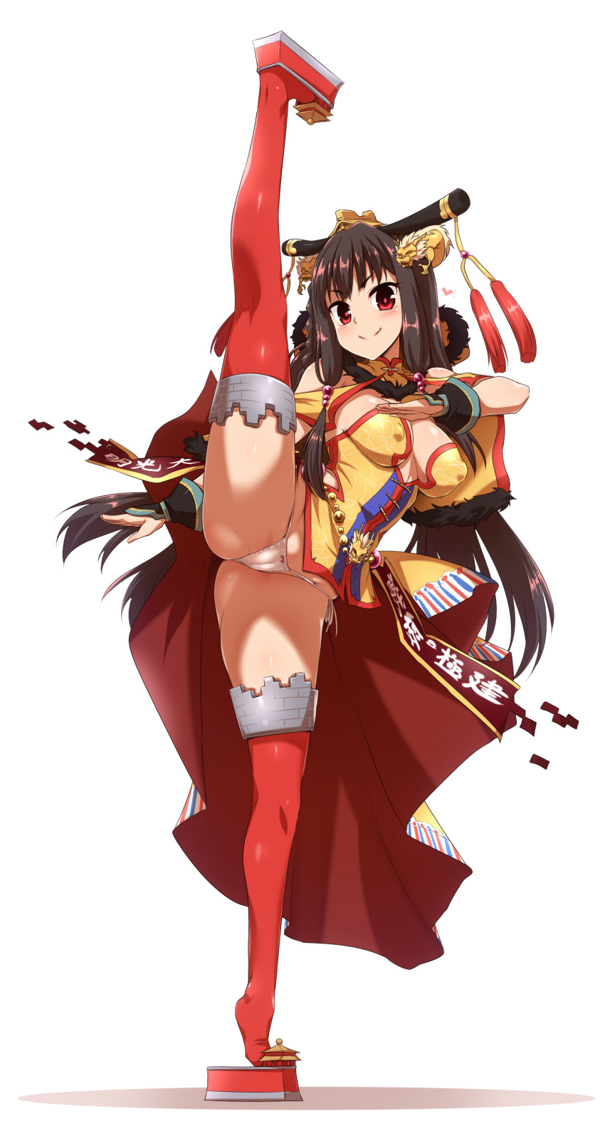 &gt;:) 1girl absurdres ass bare_shoulders bow bow_panties braid breasts brown_hair cameltoe china_dress chinese_clothes cleavage commentary_request covered_nipples dragon dress flexible forbidden_city_(oshiro_project) full_body hair_ornament heart high_kick highres kicking large_breasts leg_up long_hair oshiro_project oshiro_project_re panties pantyshot_(kicking) red_eyes red_legwear shoes side-tie_panties side_braid simple_background smile solo split spread_legs standing standing_on_one_leg standing_split stretch string_panties thighhighs thighs tri_braids underwear v-shaped_eyebrows very_long_hair white_background white_panties yoshi_tama