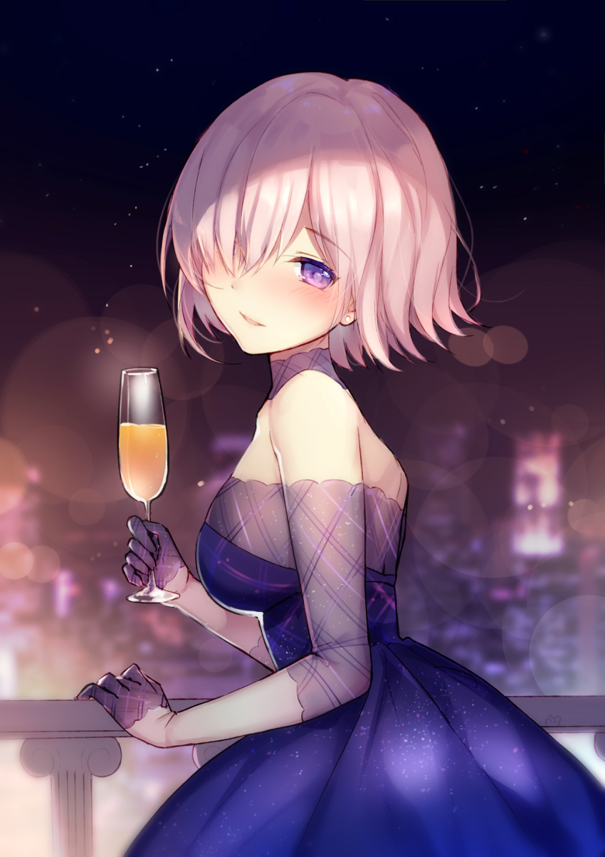 1girl bangs bare_shoulders bison_cangshu blue_dress blurry blurry_background blush breasts champagne_flute commentary_request cup depth_of_field dress drink drinking_glass earrings eyebrows_visible_through_hair fate/grand_order fate_(series) gloves grey_gloves hair_between_eyes half_gloves highres holding holding_cup jewelry large_breasts looking_at_viewer looking_to_the_side mash_kyrielight night outdoors parted_lips pink_hair pleated_dress purple_eyes railing short_hair smile solo strapless strapless_dress stud_earrings