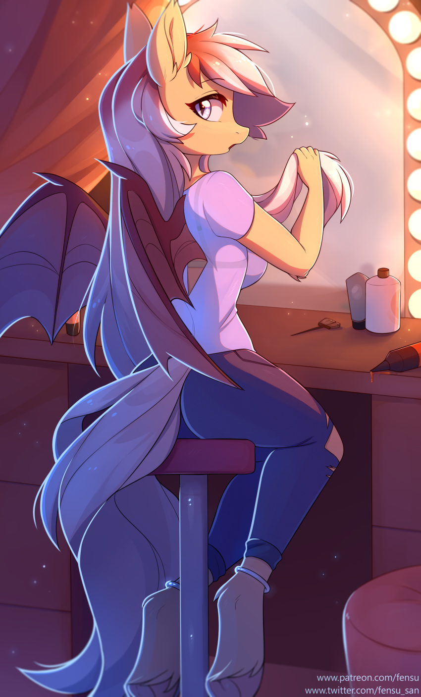 2019 absurd_res anklet anthro bat_pony clothed clothing digital_media_(artwork) equid fan_character female fensu-san hair hi_res hooves jewelry long_hair looking_at_viewer mammal my_little_pony sitting solo text url wings