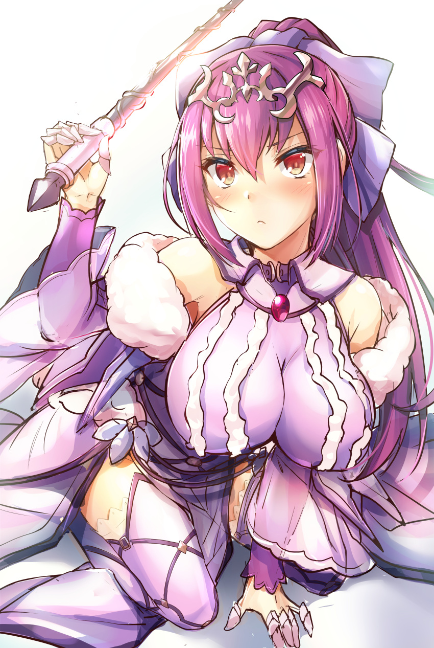 1girl absurdres bangs boots breasts cleavage commentary_request dress fate/grand_order fate_(series) frown fur-trimmed_dress fur_trim hair_between_eyes headpiece highres holding holding_wand impossible_clothes kneeling large_breasts looking_at_viewer purple_dress purple_hair red_eyes samoore scathach_(fate)_(all) scathach_skadi_(fate/grand_order) simple_background solo thigh_boots thighhighs tiara wand white_background
