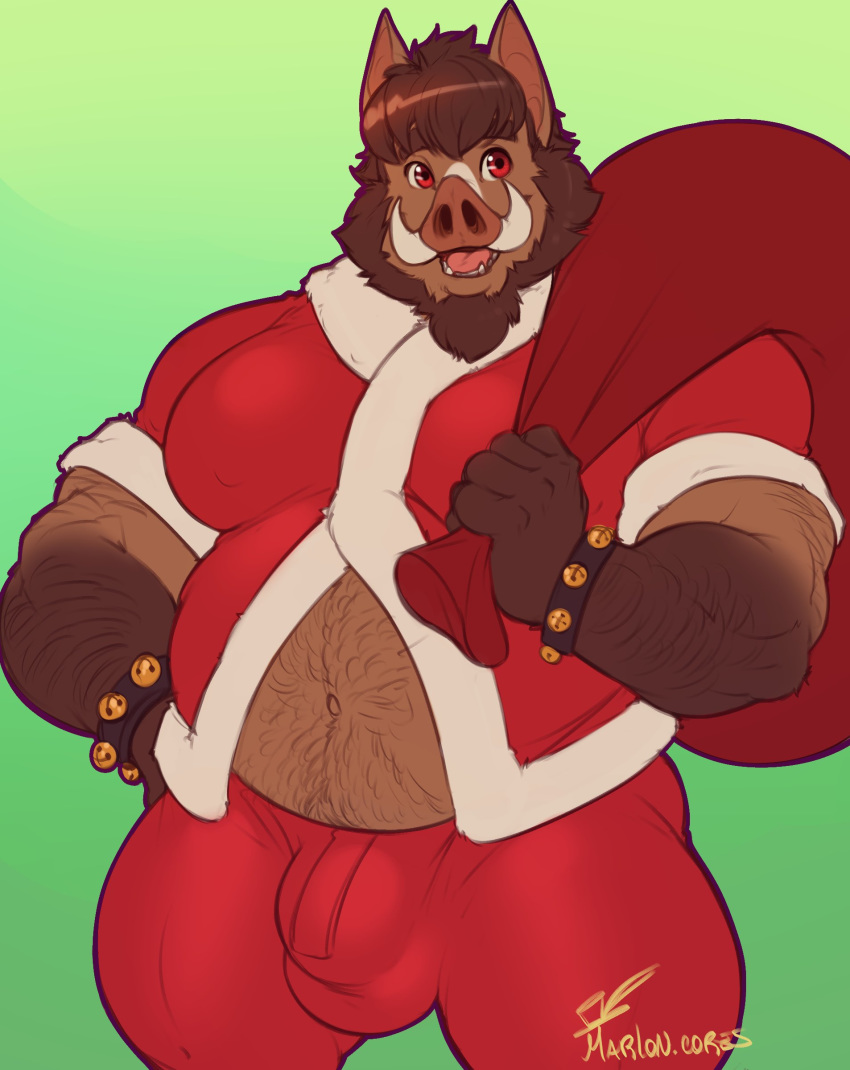 2018 absurd_res belly big_bulge bottomwear bracelet broody brown_body brown_fur brown_hair bulge christmas clothed clothing coat eyebrows fur hair hairy hi_res holidays jewelry looking_at_viewer male mammal marlon.cores musclegut muscular muscular_male pants red_eyes simple_background smile solo standing suid suina sus_(pig) thick_eyebrows tight_clothing topwear tusks wild_boar