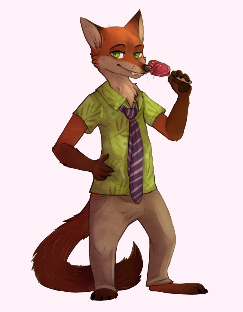 1an1 anthro barefoot bottomwear brown_tail canid canine cheek_tuft claws clothed clothing disney face_tuft fangs fluffy fluffy_tail food fox fully_clothed fur green_eyes hi_res holding_food holding_object looking_at_viewer mammal neck_tuft necktie nick_wilde orange_body orange_fur pants pawpads pawpsicle popsicle red_fox shirt simple_background solo standing tan_body tan_fur topwear tuft white_background zootopia