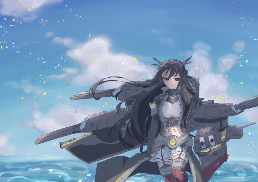 1girl absurdres anchor bangs black_gloves black_hair blue_sky breasts closed_mouth cloud coat commentary cowboy_shot day floating_hair gloves hairband hand_in_hair headgear highres kantai_collection leg_up long_hair machinery midriff miniskirt nagato_(kantai_collection) nami_nami_(belphegor-5812) navel ocean outdoors partly_fingerless_gloves pleated_skirt red_eyes red_legwear remodel_(kantai_collection) rigging shaded_face skirt sky smile solo turret water weapon white_skirt