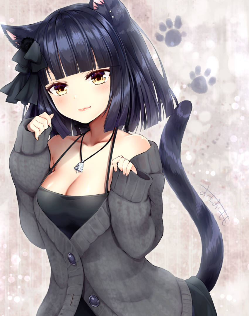 1girl animal_ear_fluff animal_ears bangs black_bow black_dress black_hair blunt_bangs bow breasts brown_eyes cat_ears cat_girl cat_tail cleavage closed_mouth collarbone commentary_request dress fang fang_out grey_jacket hair_bow hands_up highres jacket jewelry long_sleeves looking_at_viewer medium_breasts omoomomo open_clothes open_jacket original pendant pinching_sleeves signature sleeveless sleeveless_dress sleeves_past_wrists solo tail tail_raised