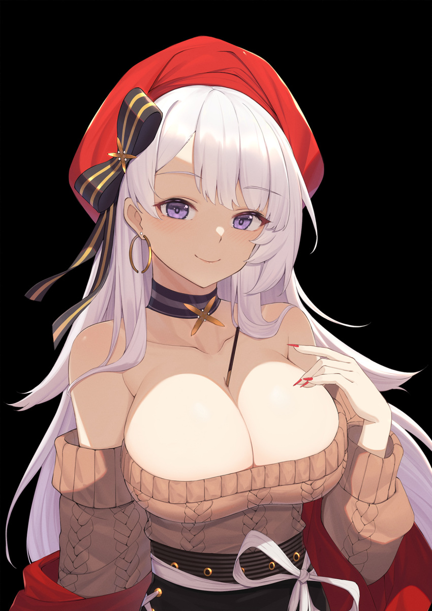 1girl aran_sweater azur_lane baseness belfast_(azur_lane) belfast_(shopping_with_the_head_maid)_(azur_lane) beret black_background black_skirt blush breast_hold breasts brown_sweater choker cleavage collarbone earrings food hat highres hoop_earrings jewelry large_breasts long_hair looking_at_viewer off-shoulder_sweater off_shoulder pocky silver_hair simple_background skirt smile solo sweater upper_body