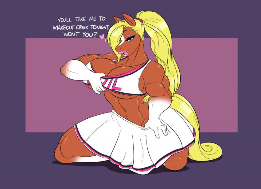 &lt;3 better_version_at_source big_breasts blonde_hair bottomwear breasts brown_body brown_fur cheerleader clothing dialogue equid equine female fur hair half-closed_eyes horse jackie_rose kaboozle lipstick long_hair makeup mammal muscular muscular_female seductive skirt solo undressing