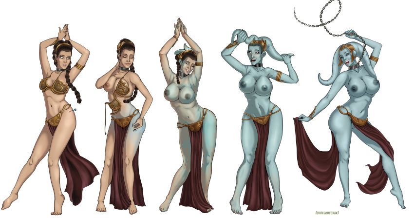 2016 absurd_res big_breasts breast_expansion breasts chain clothed clothing dancing dart female hi_res human human_to_humanoid humanoid jewelry leia_organa mammal navel okayokayokok pseudo_hair pussy sequence simple_background smile solo star_wars surprise tentacle_hair tentacles topless transformation twi'lek white_background