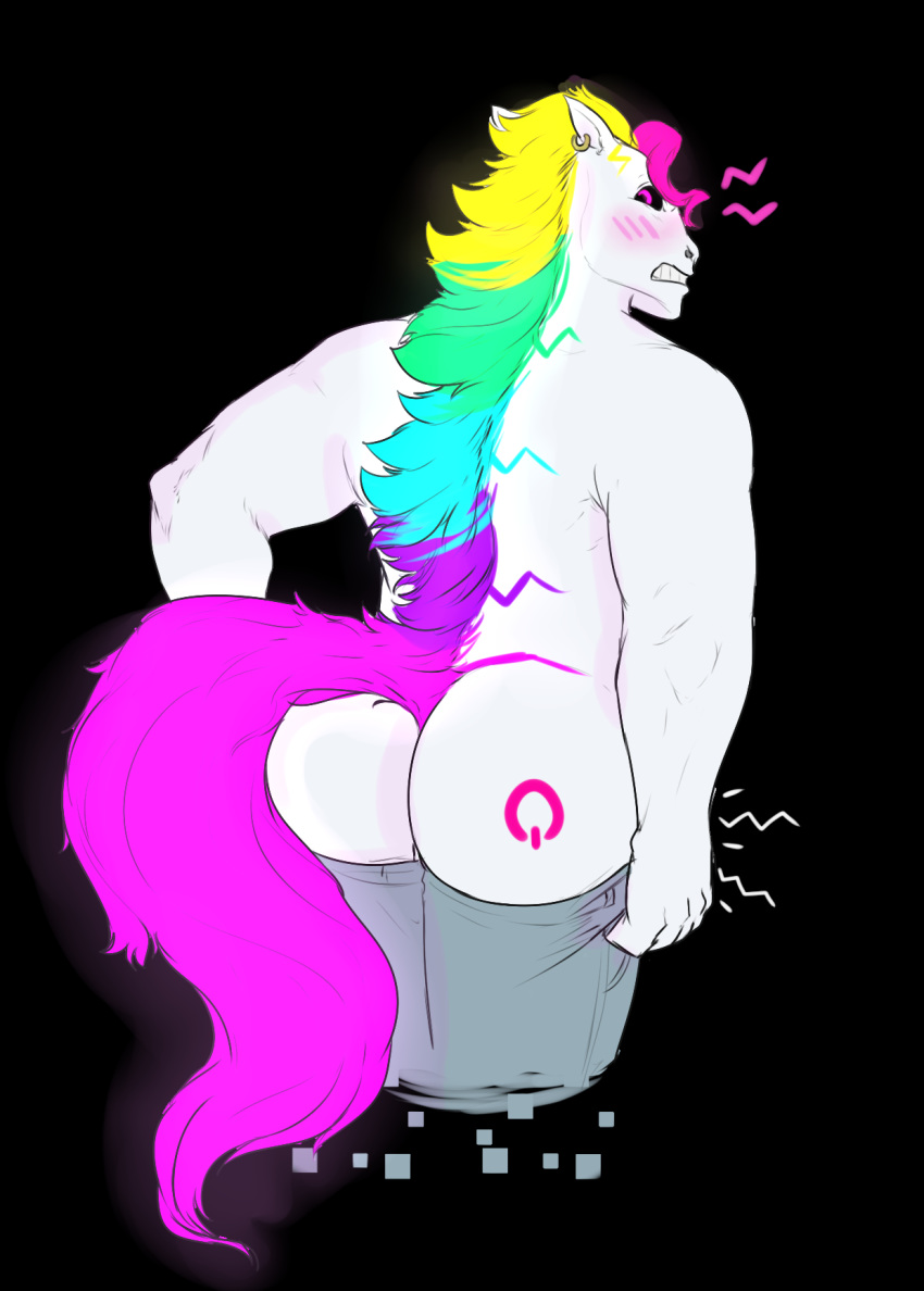 12_(himeros) black_background blush bottomwear bubble_butt butt clothing embarrassed equid equine hair hi_res himerosthegod horse looking_back male mammal multicolored_hair pants rainbow_hair simple_background solo white_body white_skin