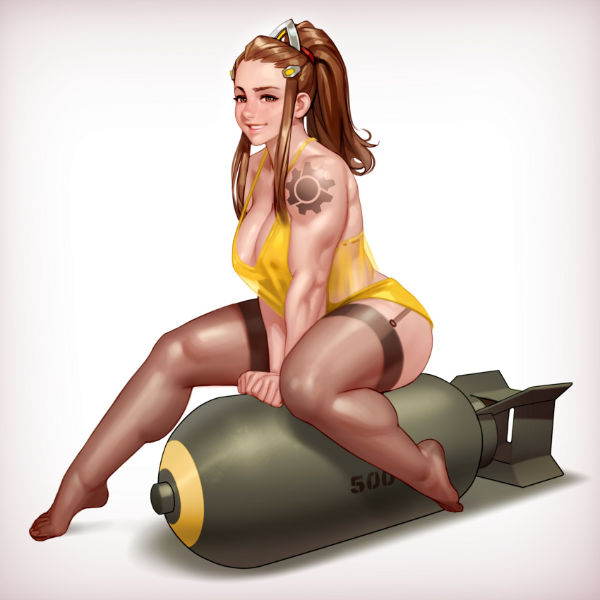 1girl absurdres alternate_costume bomb breasts brigitte_(overwatch) brown_eyes brown_hair dress freckles garters gradient gradient_background headgear highres kairuhentai large_breasts looking_at_viewer muscle muscular_female overwatch pinup ponytail shoulder_tattoo sidelocks simple_background sitting smile solo tattoo thighhighs white_dress