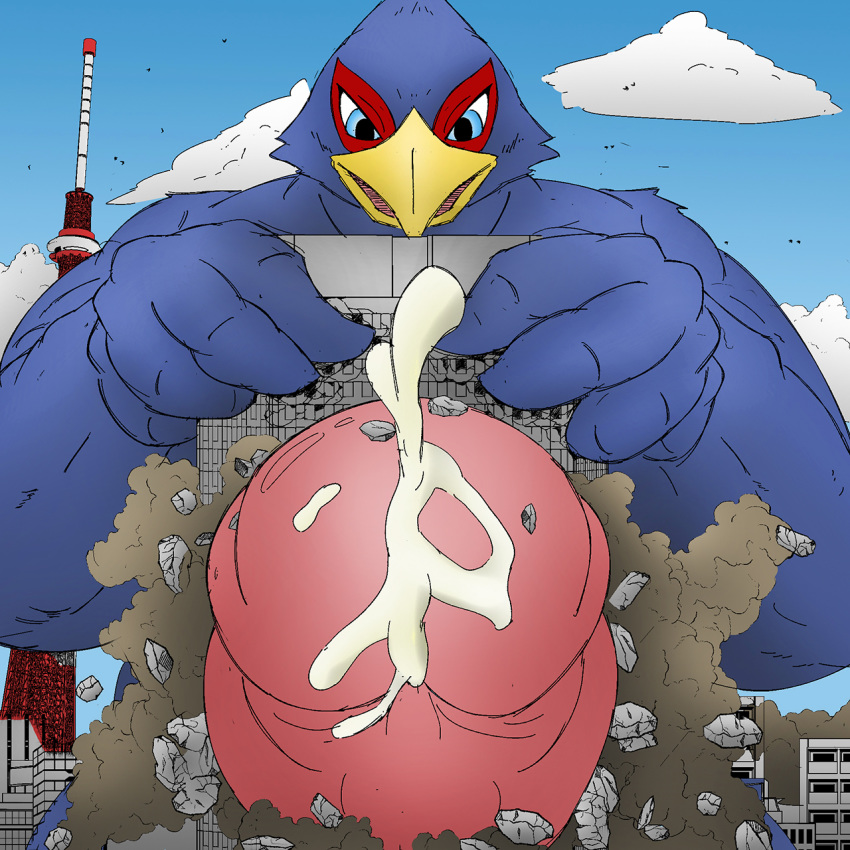 1:1 anthro avian big_penis bird bodily_fluids building_penetration city cum destruction erection falco_lombardi genital_fluids hi_res humanoid_penis macro male nintendo penis siman-clifton star_fox video_games