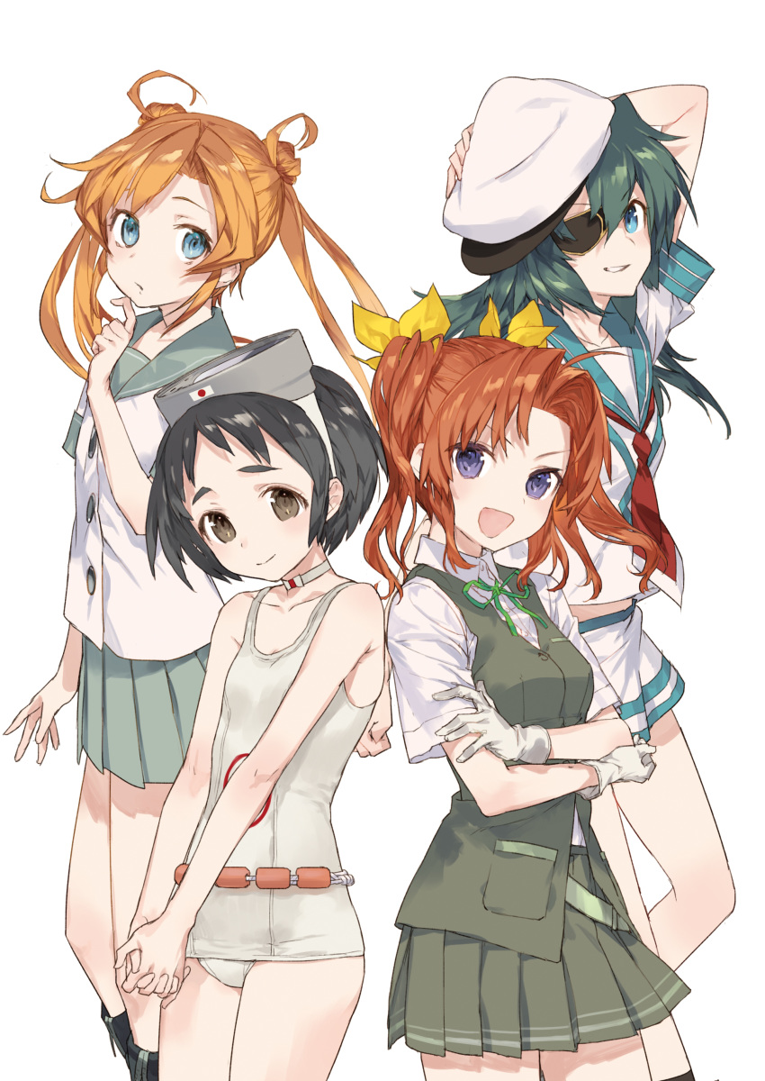 4girls absurdres abukuma_(kantai_collection) ahoge arm_up bangs bare_arms black_hair black_skirt black_vest blue_eyes boots breasts brown_eyes brown_hair buttons choker collarbone collared_shirt cowboy_shot double_bun eyebrows eyebrows_visible_through_hair eyepatch gloves goggles goggles_on_head green_hair green_neckwear green_ribbon green_skirt hair_between_eyes hair_intakes hair_ribbon hand_on_headwear hand_up hat highres index_finger_raised interlocked_fingers japanese_flag kagerou_(kantai_collection) kantai_collection kiso_(kantai_collection) knee_boots long_hair looking_at_viewer maru-yu_(kantai_collection) multiple_girls neck_ribbon neckerchief noco_(adamas) novel_illustration official_art open_mouth orange_hair own_hands_together pleated_skirt pocket purple_eyes ribbon school_swimsuit school_uniform serafuku shirt short_hair short_sleeves simple_background skirt sleeveless small_breasts smile standing swimsuit twintails vest white_background white_gloves white_shirt white_swimsuit yellow_ribbon