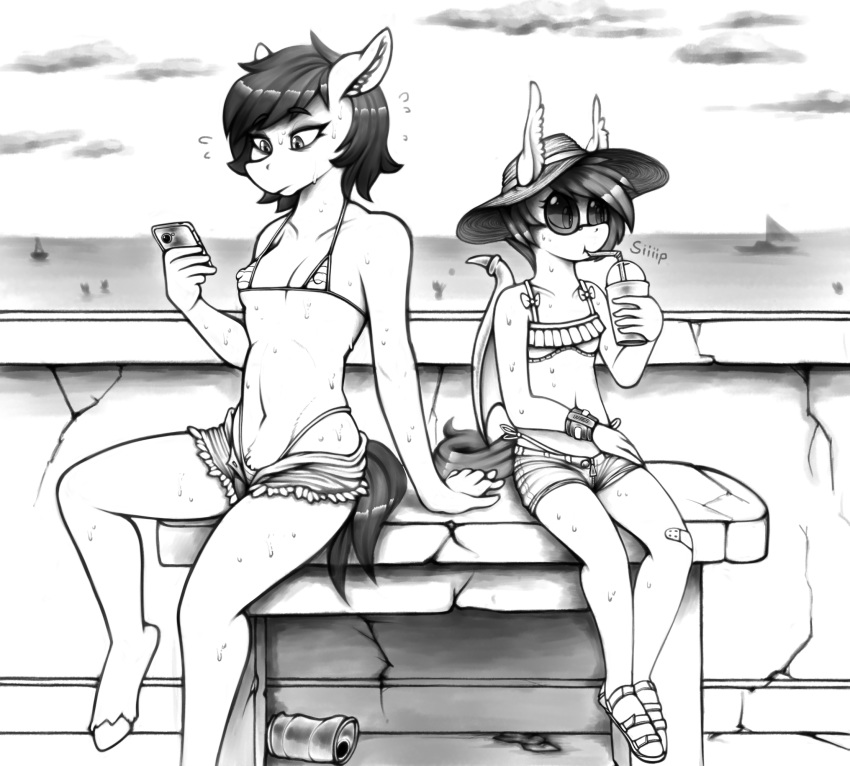 2019 anthro band-aid bandage bat_pony bat_wings bodily_fluids bottomwear cellphone clothing drinking duo equid equine fan_character female hi_res horse hotpants mammal membrane_(anatomy) membranous_wings monochrome my_little_pony nipple_outline nolegs_(oc) outside padlock_(oc) panties phone pony replica_(artist) shorts sitting sound_effects sweat thong underwear wings