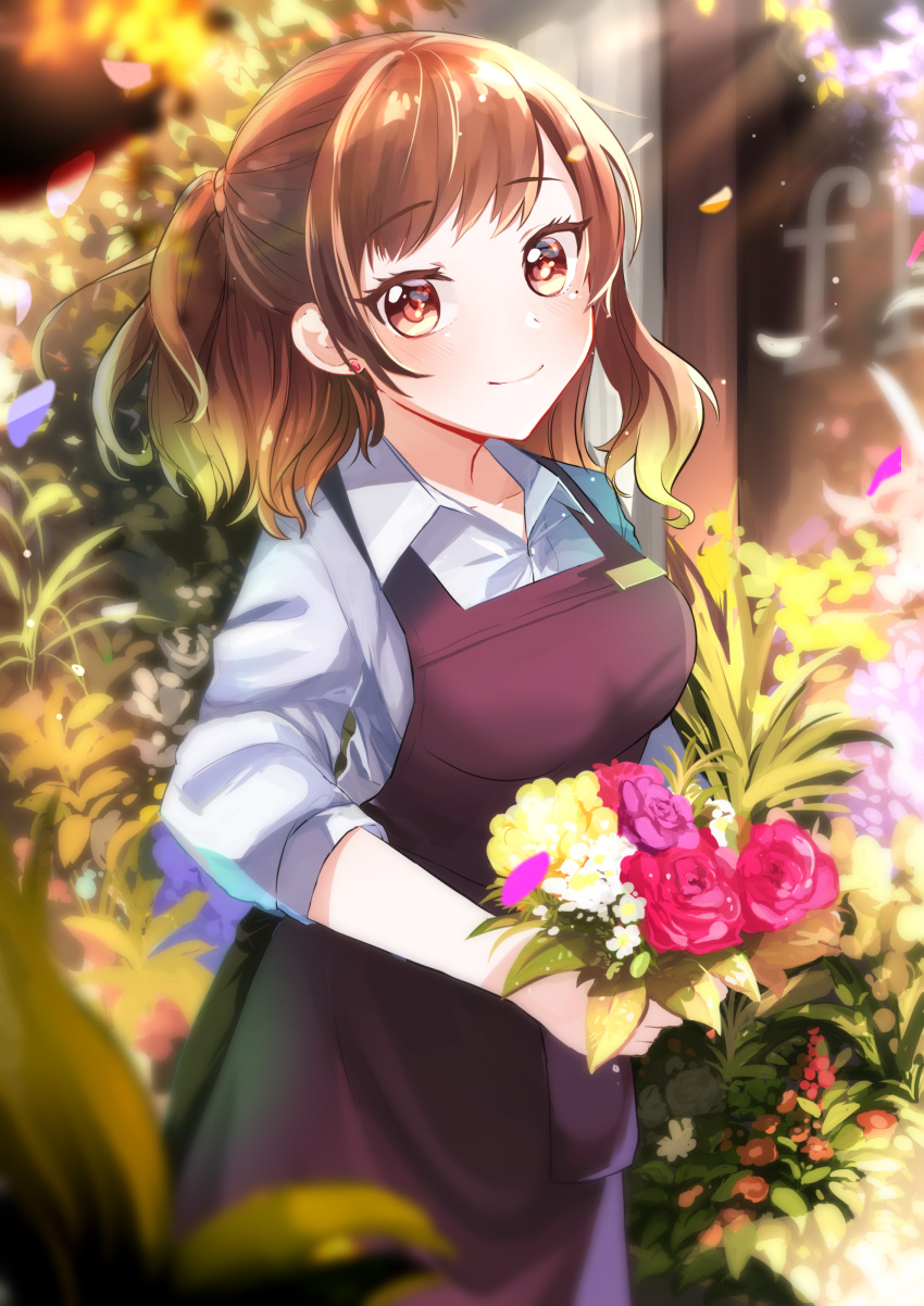 1girl absurdres apron black_apron blush bouquet brown_hair day earrings florist flower gradient_hair highres holding holding_bouquet jewelry medium_hair mole mole_under_eye multicolored_hair original red_earrings shirt smile solo standing stud_earrings white_shirt witchdalisweet