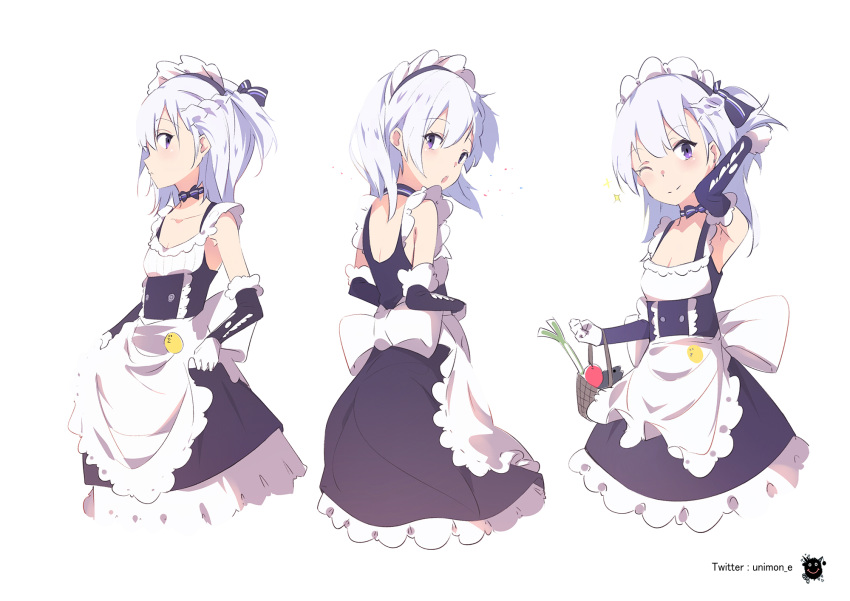 1girl ;) apple apron apron_hold arm_up armpits azur_lane basket belchan_(azur_lane) belfast_(azur_lane) black_dress braid child choker collarbone commentary_request dress elbow_gloves fish flat_chest food french_braid fruit gloves hand_in_hair highres holding holding_basket katuo1129 long_hair looking_at_viewer looking_back maid maid_headdress multiple_views one_eye_closed one_side_up purple_choker purple_eyes purple_ribbon ribbon ribbon_choker silver_hair simple_background sleeveless sleeveless_dress smile sparkle spring_onion twitter_username underbust white_apron white_background white_gloves