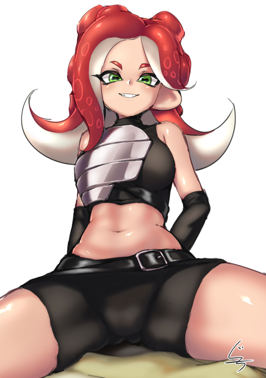 1girl absurdres arms_behind_back artist_name belt bike_shorts black_belt black_gloves black_shirt black_shorts breastplate cephalopod_eyes commentary crop_top elbow_gloves gloves green_eyes grin guchi_(tako_undead) highres long_hair looking_at_viewer makeup mascara midriff octarian pointy_ears red_hair shirt short_shorts shorts signature simple_background sitting sleeveless sleeveless_shirt smile solo splatoon_(series) splatoon_2 spread_legs suction_cups takozonesu tentacle_hair thighs white_background
