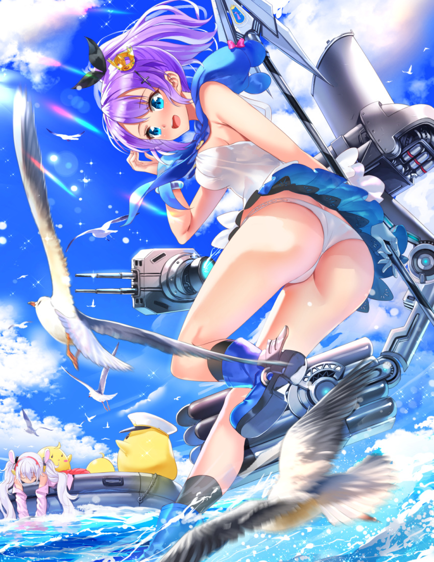 2girls animal animal_ears ass azur_lane bare_shoulders bird black_legwear black_ribbon blue_eyes blue_footwear blue_skirt blue_sky boots breasts bunny_ears camisole chick closed_eyes cloud commentary_request crown day gloves hair_ornament hair_ribbon hairband hand_up hat high_ponytail highres holding jacket javelin javelin_(azur_lane) kneehighs laffey_(azur_lane) long_hair manjuu_(azur_lane) medium_breasts military_hat mini_crown motion_blur multiple_girls namesake off_shoulder open_clothes open_jacket outdoors panties peaked_cap pink_jacket pleated_skirt ponytail purple_hair red_hairband ribbon shoe_soles sidelocks silver_hair single_glove skirt sky standing standing_on_one_leg swordsouls tilted_headwear twintails underwear very_long_hair water white_camisole white_gloves white_headwear white_panties