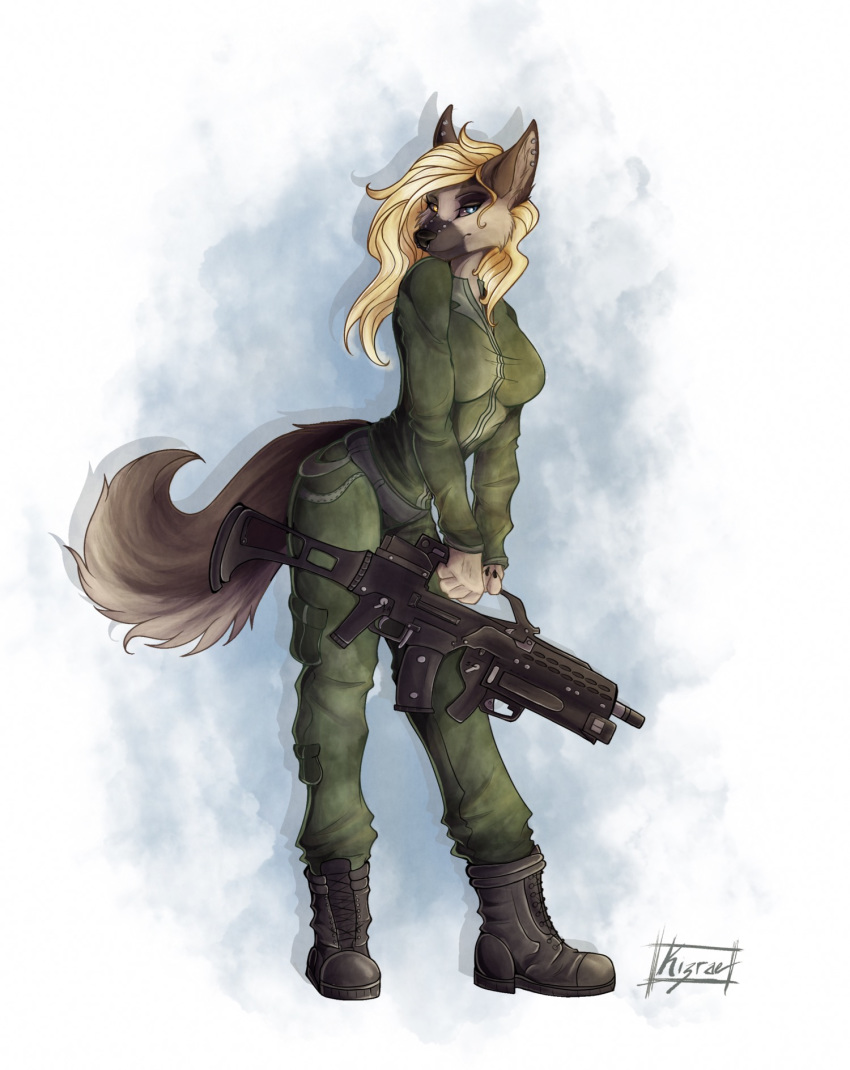 anthro blonde_hair breasts canid canine canis clothed clothing domestic_dog female fully_clothed g36 german german_shepherd glowing glowing_eyes gun hair herding_dog heterochromia hi_res kizrae looking_at_viewer mammal muscular natasha_klopov pastoral_dog piercing ranged_weapon rifle shepherd simple_background smile solo standing uniform weapon