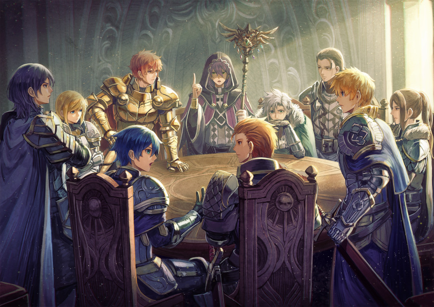 6+boys androgynous armor blonde_hair blue_eyes blue_hair bracelet breastplate brown_eyes brown_hair cape chair cloak commentary_request fur_trim gauntlets gold_armor green_eyes hair_slicked_back hand_on_hip hand_on_table highres hood hood_up hooded_cloak index_finger_raised interlocked_fingers jewelry kuroi_susumu looking_at_another multiple_boys original ponytail purple_hair shoulder_armor sitting staff sword table talking weapon white_hair yellow_eyes