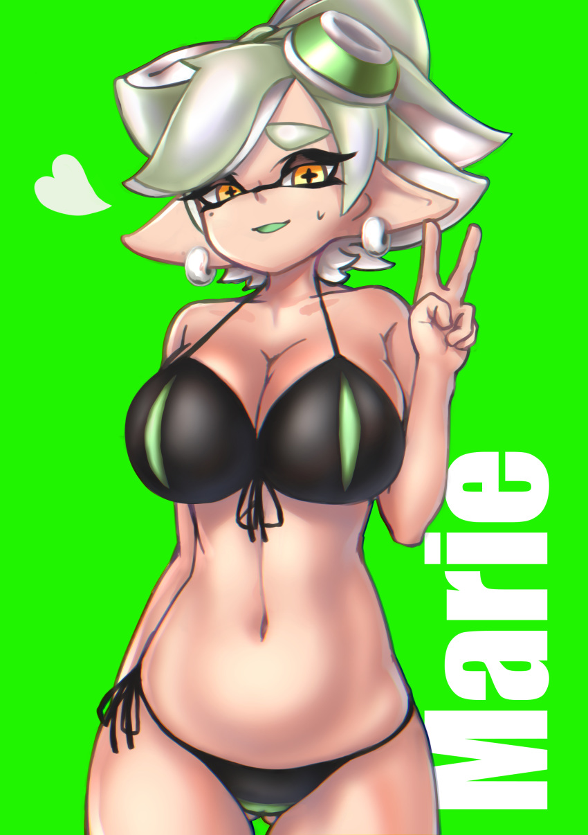 +_+ 1girl absurdres arm_behind_back ass_visible_through_thighs bikini black_bikini breasts character_name cleavage commentary cowboy_shot domino_mask earrings food food_on_head front-tie_bikini front-tie_top green_background grey_hair guchi_(tako_undead) half-closed_eyes heart highres hotaru_(splatoon) jewelry large_breasts looking_at_viewer mask mole mole_under_eye navel object_on_head open_mouth pointy_ears short_hair side-tie_bikini simple_background skindentation smile solo splatoon_(series) standing string_bikini sweat swimsuit tentacle_hair thigh_gap yellow_eyes