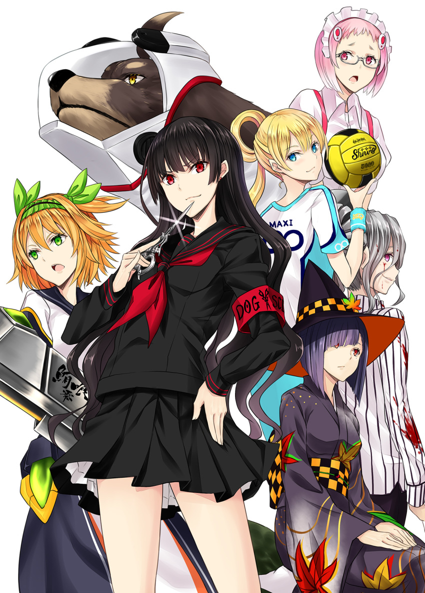 6+girls akizuki_maxi armband ball bangs black_hair black_headwear black_serafuku black_skirt blonde_hair blue_eyes blunt_bangs breasts dachshund dog earrings eyebrows_visible_through_hair glasses green_eyes green_hairband hair_between_eyes hair_rings hairband hands_on_own_thighs harumi_kazuhito harumi_madoka hat headdress highres hiiragi_suzuna hime_cut himehagi_momiji holding holding_scissors inu_to_hasami_wa_tsukaiyou japanese_clothes jewelry kimono layered_skirt leaf long_hair long_sleeves looking_away looking_back looking_to_the_side maple_leaf medium_breasts miniskirt multiple_girls nabeshima_tetsuhiro natsuno_kirihime novel_illustration obi official_art oosawa_hami orange_hair pink_hair pleated_skirt print_kimono profile purple_hair red_armband red_eyes red_neckwear sash school_uniform scissors semi-rimless_eyewear serafuku short_hair short_sleeves sidelocks silver_hair simple_background sitting skirt small_breasts smile sportswear standing striped stud_earrings under-rim_eyewear vertical_stripes very_long_hair waitress white_background witch_hat wristband