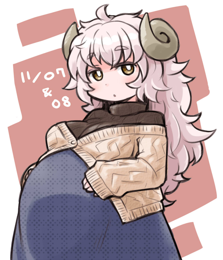 1girl :o abstract_background big_belly brown_eyes dated eyebrows_visible_through_hair grey_hair hand_on_own_stomach highres horns kugelschreiber long_hair looking_at_viewer messy_hair original pregnant sheep_girl sheep_horns skirt solo turtleneck