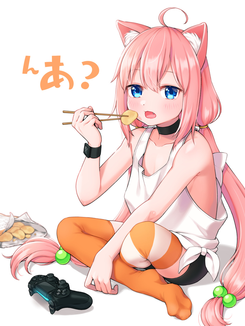 1girl animal_ears bike_shorts black_choker blue_eyes blush cat_ears chips choker chopsticks collarbone commentary_request controller dualshock eyebrows_visible_through_hair fang food game_controller gamepad hair_between_eyes hair_bobbles hair_ornament highres hinata_channel indian_style long_hair looking_at_viewer low_twintails mismatched_legwear nekomiya_hinata open_mouth orange_legwear pink_hair simple_background sitting sleeveless solo striped striped_legwear tank_top tomozu twintails very_long_hair virtual_youtuber white_background white_tank_top