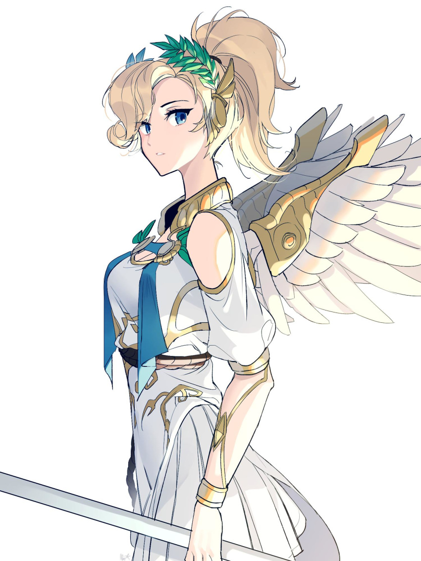 1girl alternate_costume artist_name bangs blonde_hair blue_eyes breasts cleavage commentary_request dress eyebrows_visible_through_hair eyes_visible_through_hair feathered_wings from_side hair_ornament head_wreath high_ponytail highres holding holding_staff jewelry korean_commentary laurel_crown looking_at_viewer maro_(lij512) mechanical_wings medium_breasts mercy_(overwatch) overwatch parted_lips ponytail short_sleeves simple_background solo staff standing toga white_background white_dress winged_victory_mercy wings