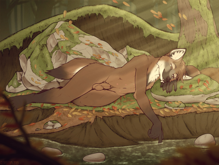 2019 4:3 5_fingers anthro black_nose brown_body brown_eyes brown_fur canid canine day detailed_background digital_media_(artwork) fingers forest fur glopossum grass lying male mammal maned_wolf nude on_side outside smile solo tree water