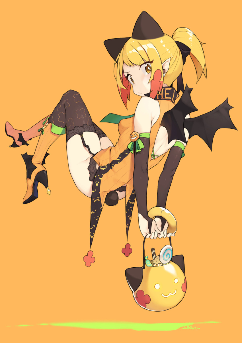 1girl animal_ears black_legwear blonde_girl_(cloba) blonde_hair blush boots breasts bright_pupils candy candy_cane cloba earrings food hair_ornament hair_ribbon halloween halloween_basket halloween_costume highres jewelry long_hair original ribbon short_ponytail small_breasts solo thighhighs wings yellow_eyes