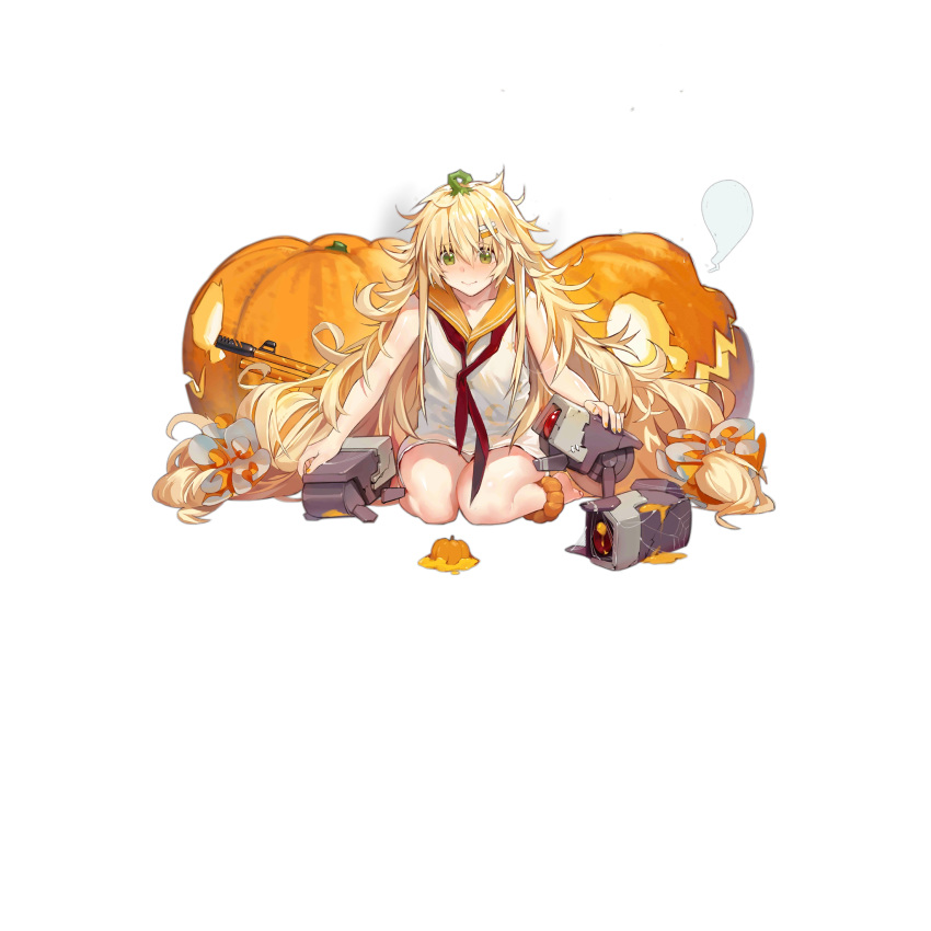 1girl alternate_costume baggy_clothes bangs barefoot blonde_hair blush breasts cardigan collarbone cup damaged dinergate_(girls_frontline) dress eyebrows_visible_through_hair fabarm_sat-8 food food_themed_hair_ornament full_body girls_frontline green_eyes gun hair_between_eyes hair_ornament hair_scrunchie hairclip halloween highres logo long_hair loose_neckwear low-tied_long_hair low_twintails medium_breasts messy_hair moon_print nail_polish neckerchief nin official_art orange_nails orange_sailor_collar orange_scrunchie patting pumpkin pumpkin_hair_ornament red_neckwear s.a.t.8_(girls_frontline) sailor_collar sailor_dress scrunchie seiza shotgun sidelocks sitting smile spill star star_print transparent_background twintails very_long_hair watermark weapon white_dress