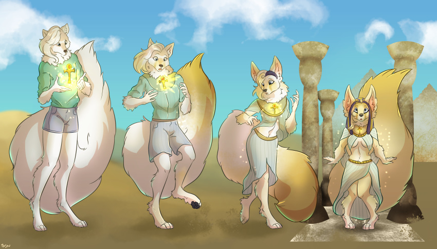 2019 ankh anthro arctic_fox barefoot blue_eyes bottomwear breast_growth breasts canid canine clothing cloud column day female fennec fox gender_transformation hi_res male mammal mtf_transformation outside pawpads scissorsrunner shorts shrinking shrubie solo standing surprise transformation