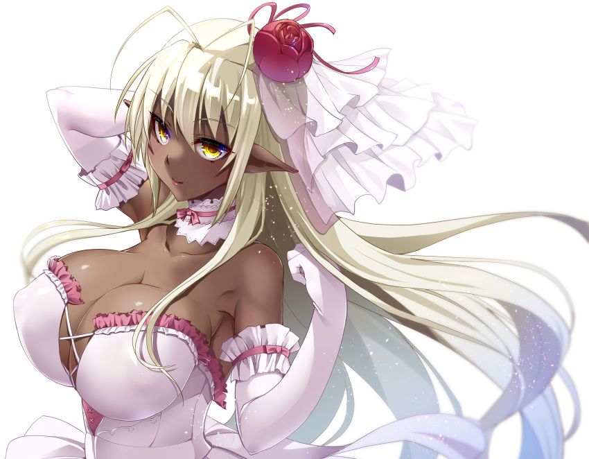 breasts cleavage cropped dark_skin elbow_gloves gloves kouki_kuu long_hair pointed_ears sandaime_muramasa soukou_akki_muramasa wedding_attire white white_hair yellow_eyes