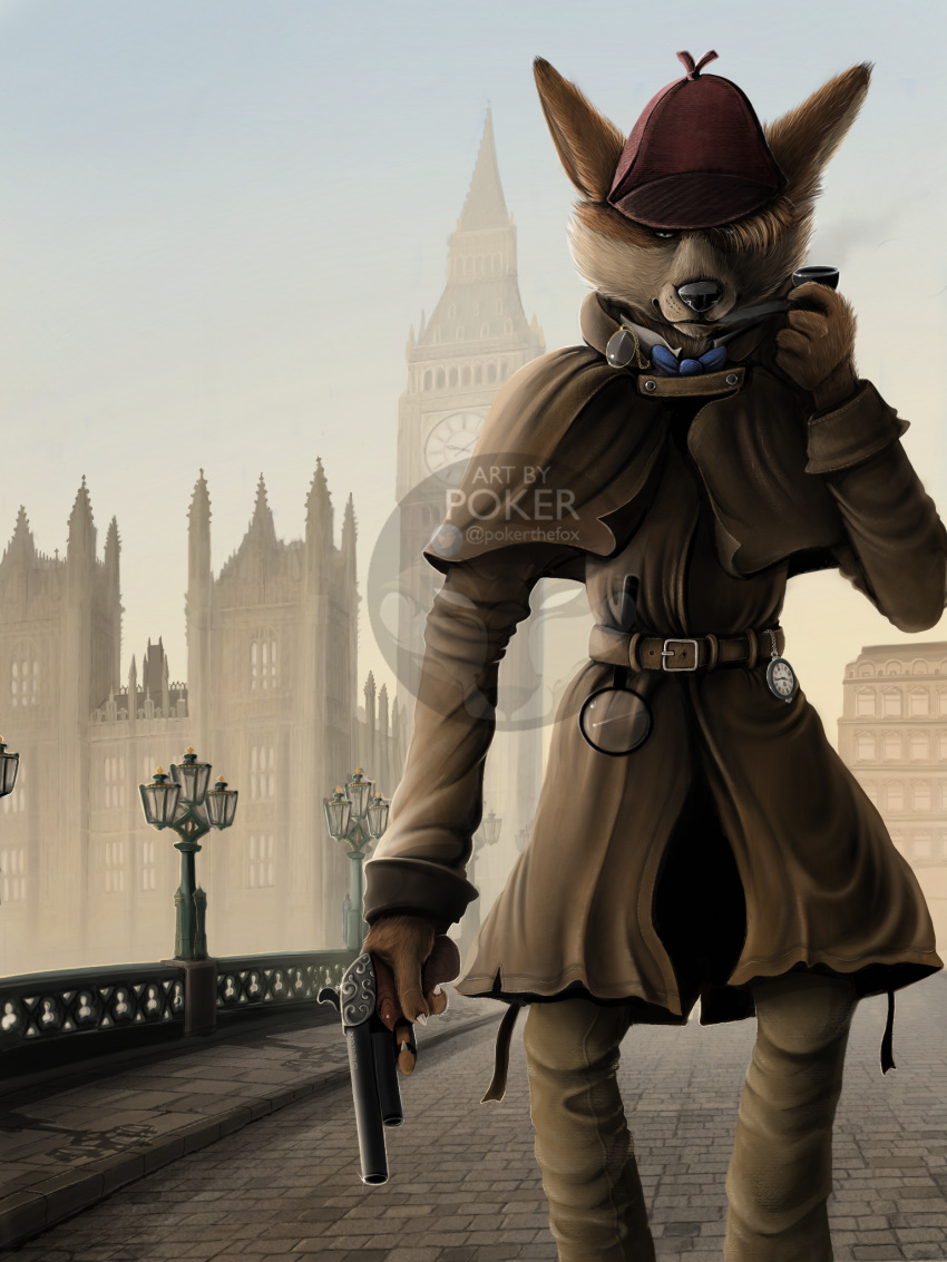 2019 anthro belt bow canid canine canis clothed clothing coat detective digital_media_(artwork) domestic_dog fur gun hat headgear headwear herding_dog hi_res houses_of_parliament london looking_at_viewer magnifying_glass mammal monacle orange_body orange_fur pastoral_dog pipe poker_(artist) ranged_weapon sherlock_hound smoking standing sunset tan_body tan_fur topwear victorian vintage weapon welsh_corgi