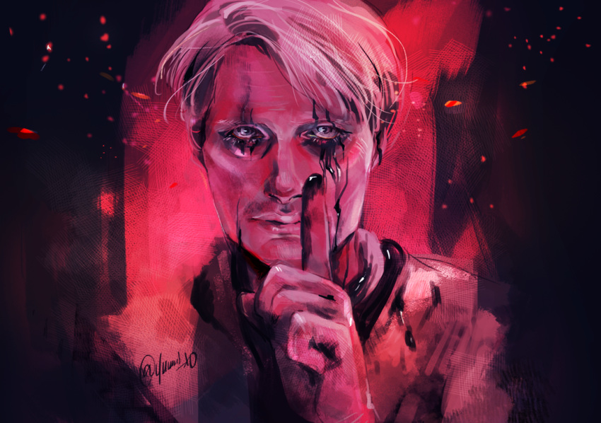 1boy black_background cliff_unger death_stranding dirty_face embers grey_eyes hand_up index_finger_raised leaking male_focus portrait red_background twitter_username two-tone_background white_hair yumi_(soak1111)