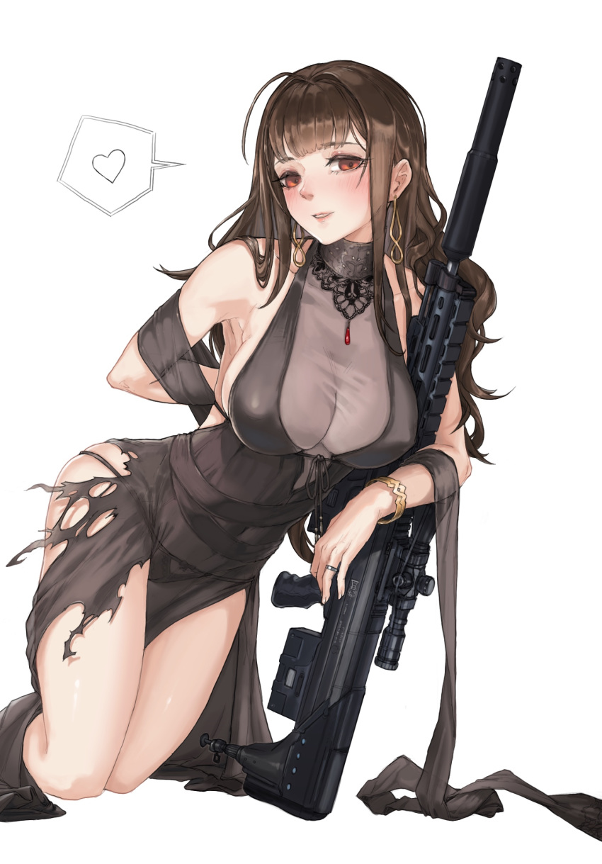 1girl ahoge alternate_costume bangs bare_shoulders black_dress black_panties blunt_bangs blush bracelet breasts brown_hair covered_navel dress dsr-50_(girls_frontline) dsr-50_(weapon) earrings evening_gown gem girls_frontline hair_intakes halter_dress heart highres jewelry kneeling large_breasts long_hair looking_at_viewer panties parted_lips red_eyes ring see-through skindentation smile solo spoken_heart torn_clothes torn_dress underwear white_background xia_oekaki