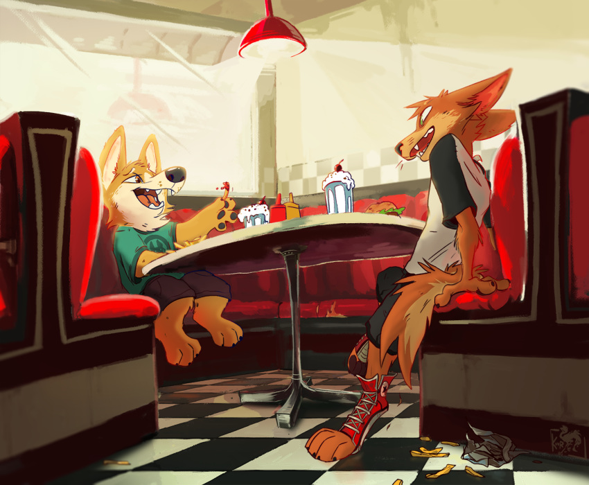 burger canid canine checkered_floor cherry clothing detailed_background food fries fruit furniture ketchup kour male mammal milkshake open_mouth paws plant restaurant shows sitting size_difference table tongue