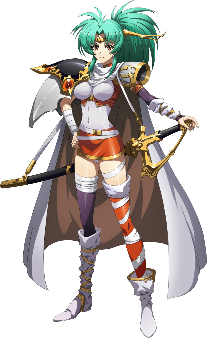 absurdres angelina_(langrisser) asymmetrical_clothes asymmetrical_footwear cape detached_sleeves green_hair hand_on_hip headpiece highres holding holding_sword holding_weapon langrisser langrisser_iv leotard long_hair looking_at_viewer mismatched_legwear official_art pauldrons ponytail red_eyes sheath sheathed smile standing sword thighhighs transparent_background weapon