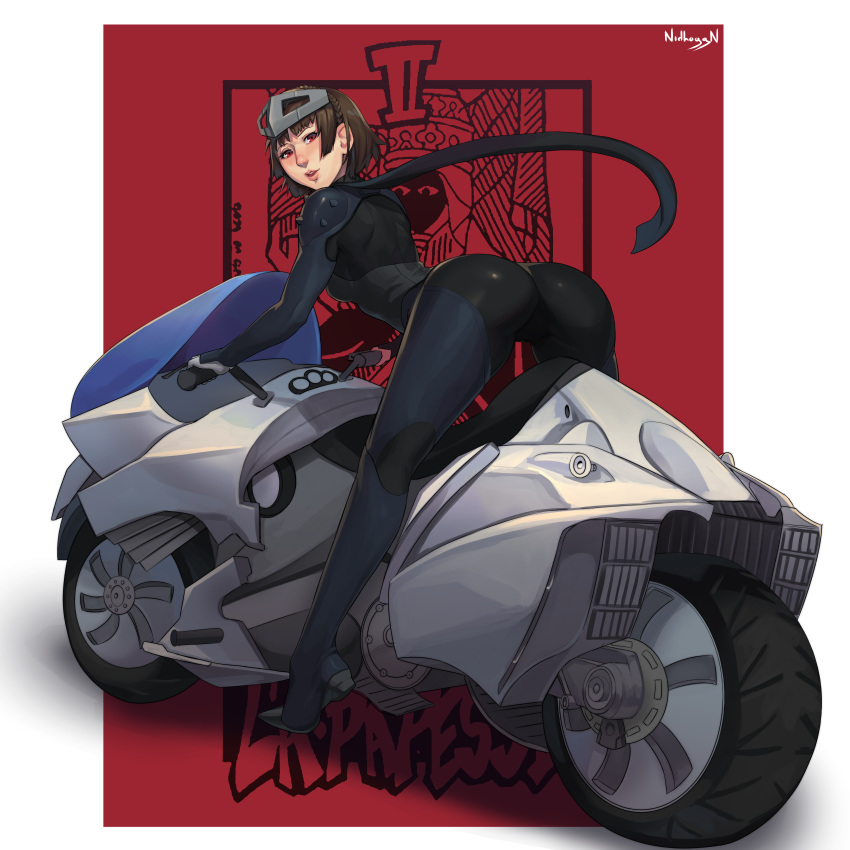 1girl absurdres ass bent_over biker_clothes bikesuit brown_eyes brown_hair gloves ground_vehicle highres joanna_(persona_5) looking_at_viewer mask mask_on_head motor_vehicle motorcycle nidhoggn niijima_makoto parted_lips persona persona_5 riding scarf short_hair shoulder_spikes solo spikes tarot