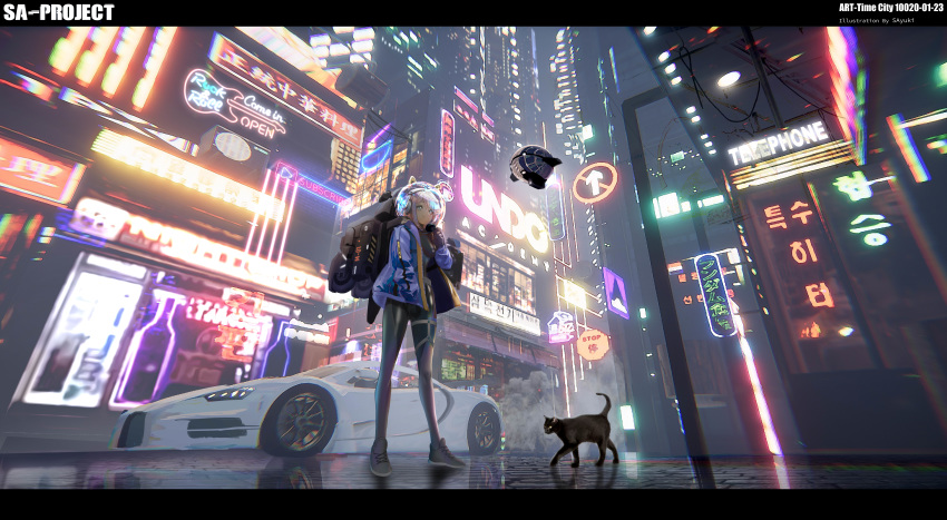 1girl absurdres animal artist_name backpack bag black_bodysuit black_cat black_footwear black_gloves blue_eyes blue_jacket bodysuit building car cat closed_mouth commentary directional_arrow drone english_commentary english_text gloves grey_hair ground_vehicle headphones highres jacket korean_text letterboxed long_sleeves motor_vehicle neon_lights night open_clothes open_jacket original outdoors play_button sa'yuki shoes skyscraper smile smoke solo space_helmet standing translation_request transparent vehicle_request
