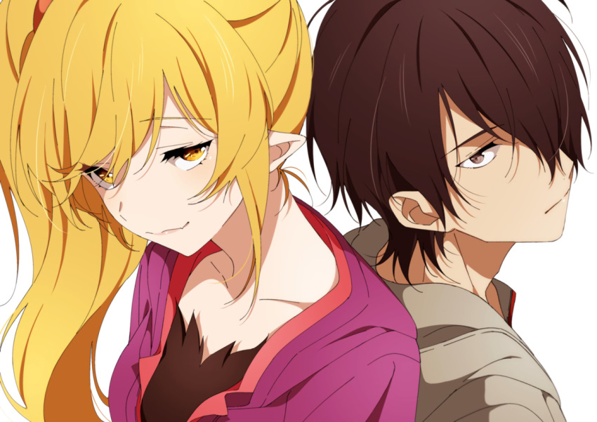 araragi_koyomi bakemonogatari black_hair blonde_hair fang kissshot_acerolaorion_heartunderblade kizumonogatari long_hair male monogatari_(series) ntend orange_eyes oshino_shinobu pointed_ears ponytail short_hair vampire